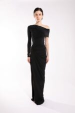 ATLEIN- Black off shoulder one sleeve ruched gown - epoqueu