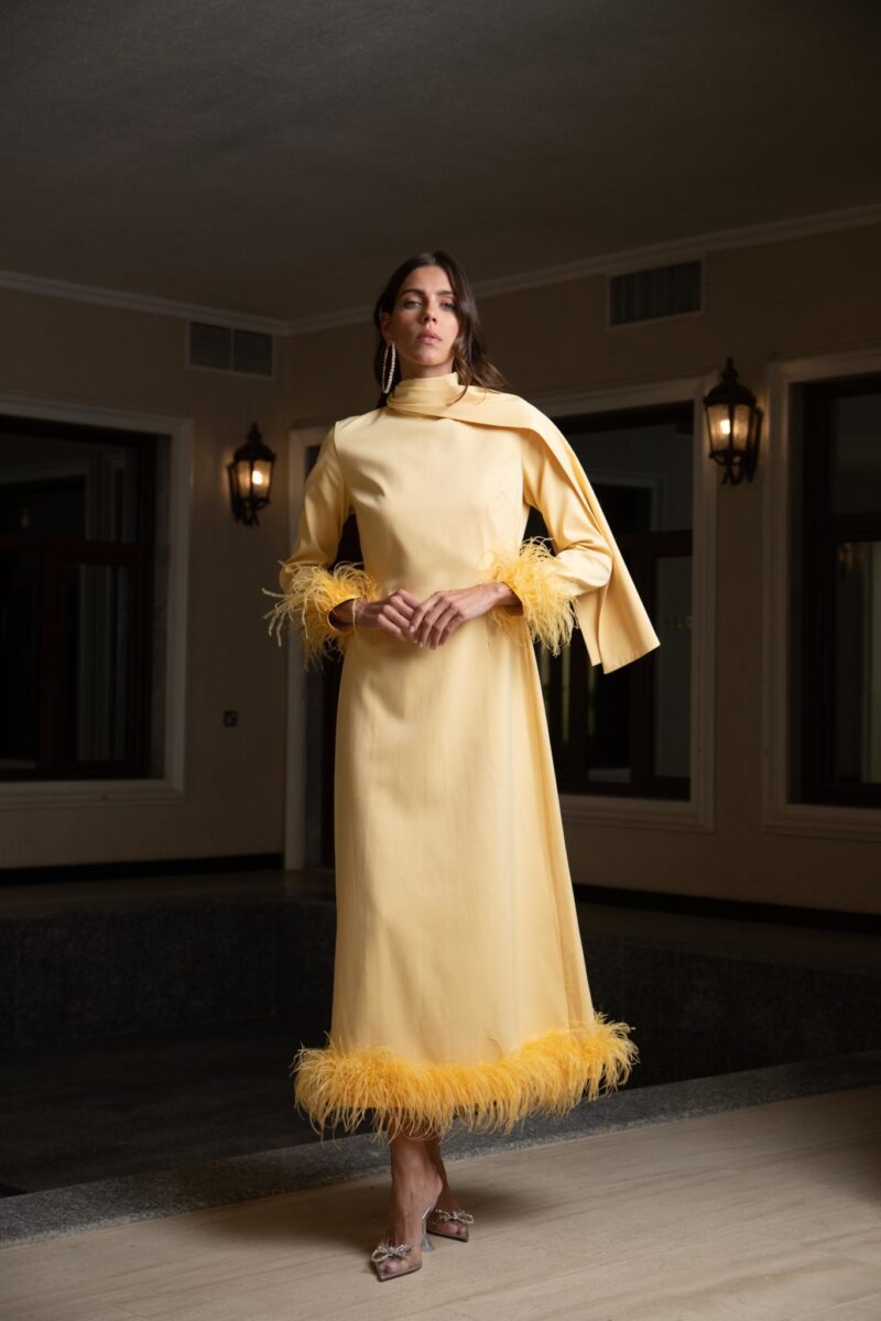Yellow pastel maxi dress with feathers - epoqueu