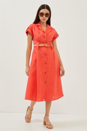 Coral linen dress with wicker belt - epoqueu