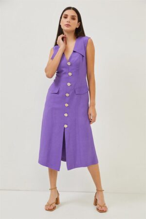 Purple button and pocket detailed midi dress - epoqueu